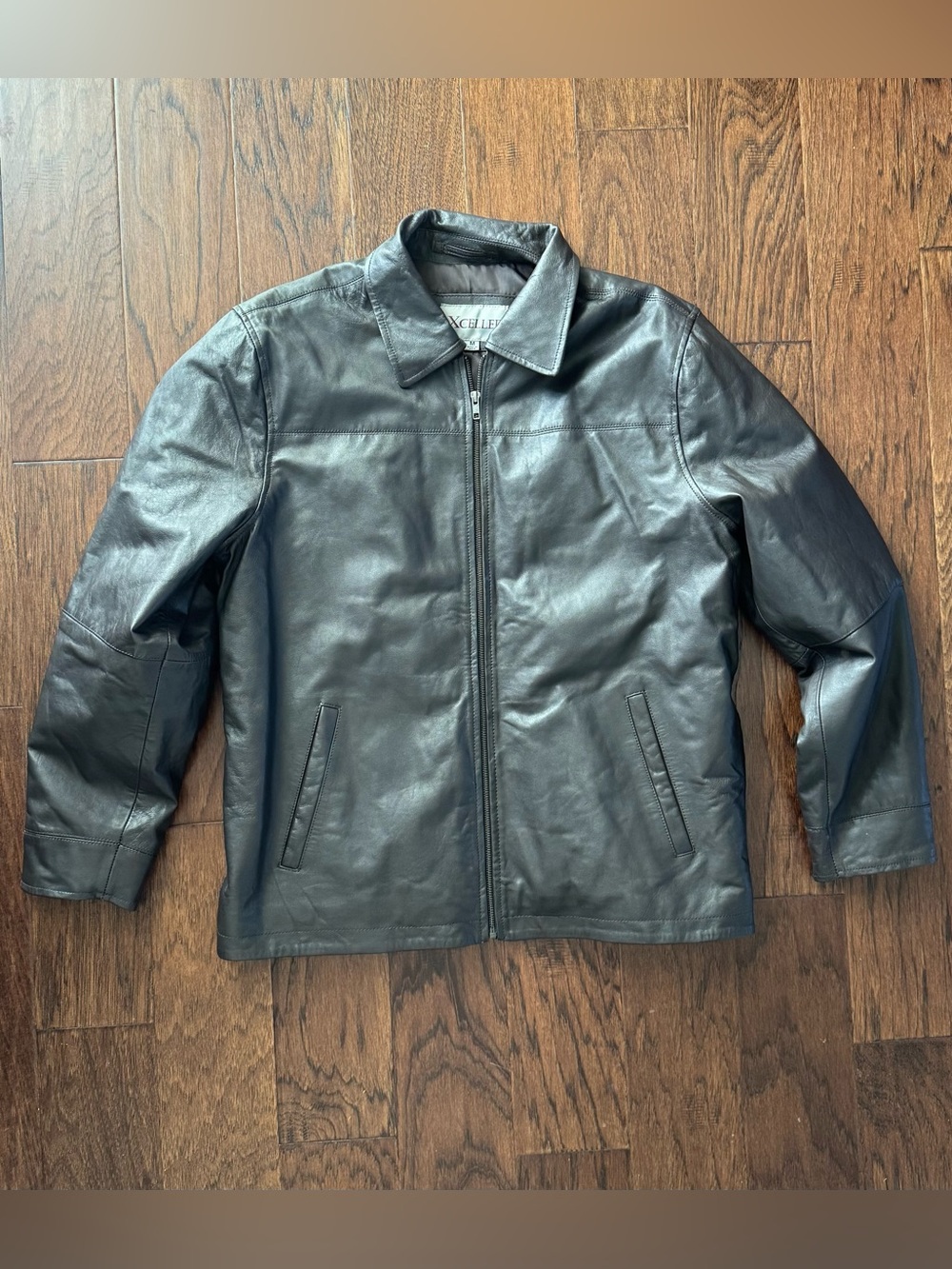 Men's BrownLeather Bomber Jacket with Collared Zip Front M